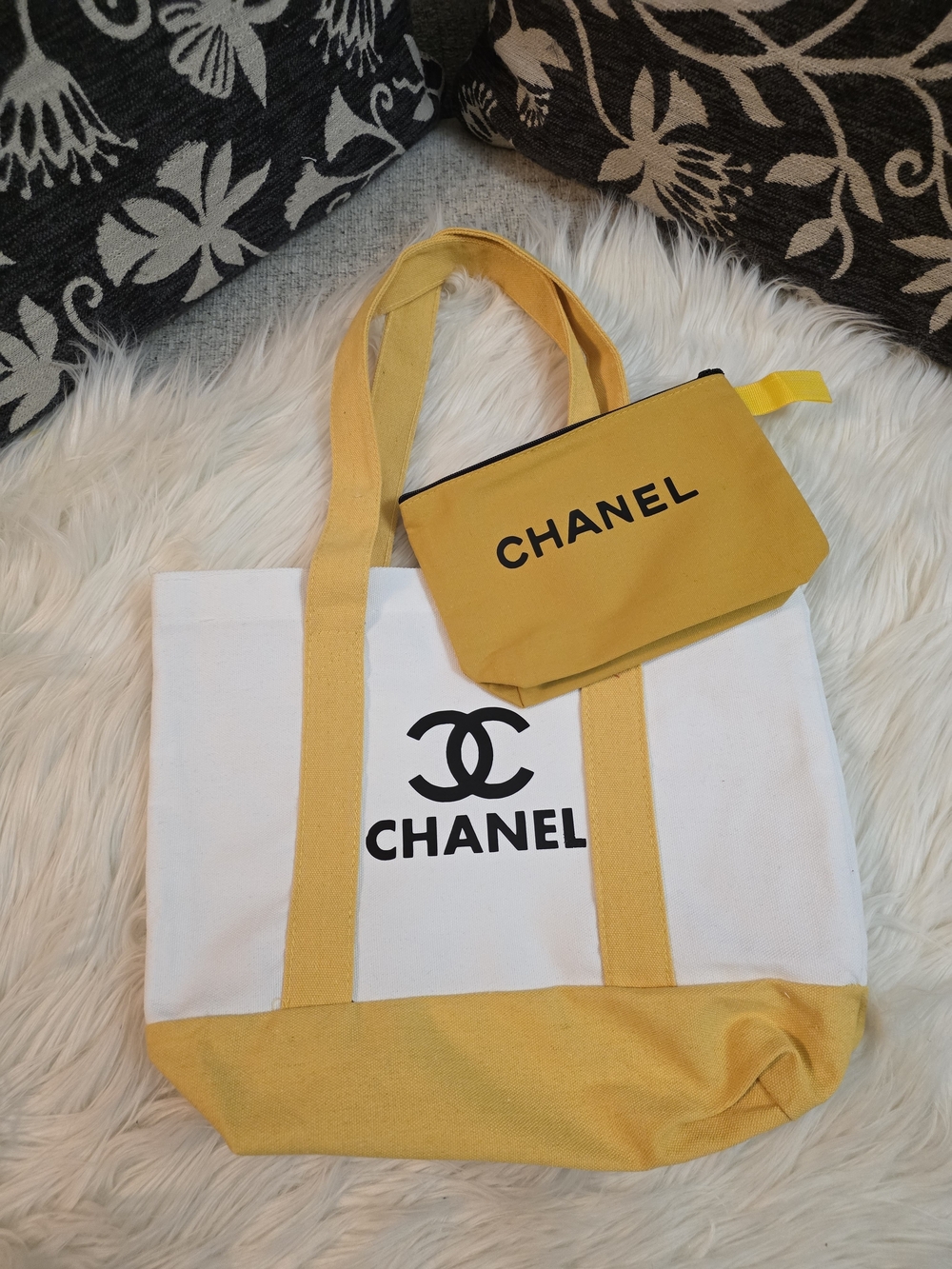 Yellow & White Canvas Tote with Zip Pouch